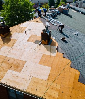 Roof repairs old roof replacement with new shingles of an apartment building